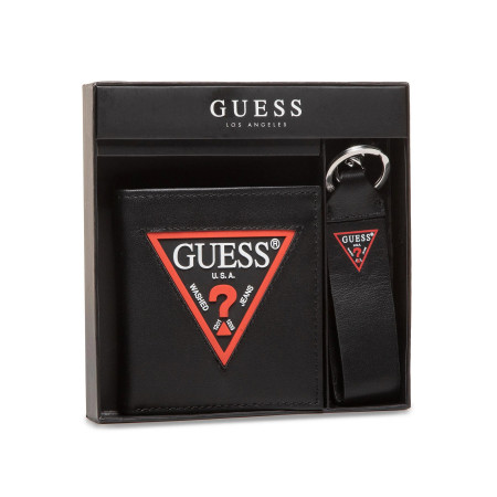 Set Guess: Guess, Leather Keyring, Black + Daelon, Leather Wallet, Small Billfold, Red/Black, For Men