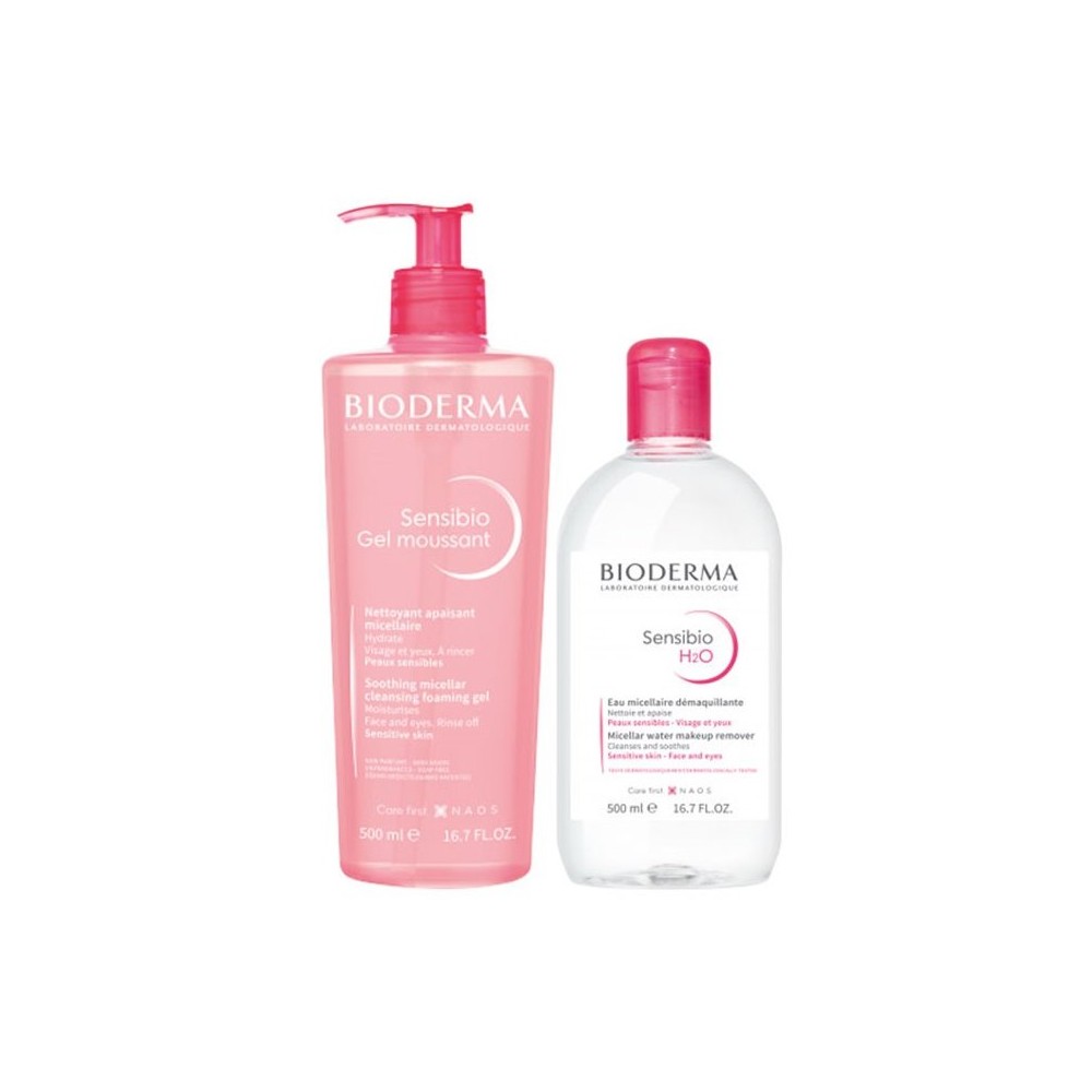 "Bioderma Sensibio H2O" jautrios odos valiklis 500 ml + "Bioderma Sensibio" valomasis gelis 500 ml rinkinys 2 vnt