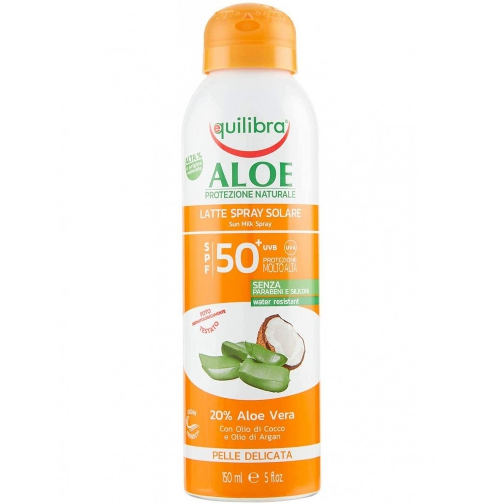 "Equilibra Sun Aloe Milk Spray F50" purškiamas kūno pienelis saugantis nuo saulės 150ml-EQUILIBRA-Kūno priežiūros priemonės-EQUI