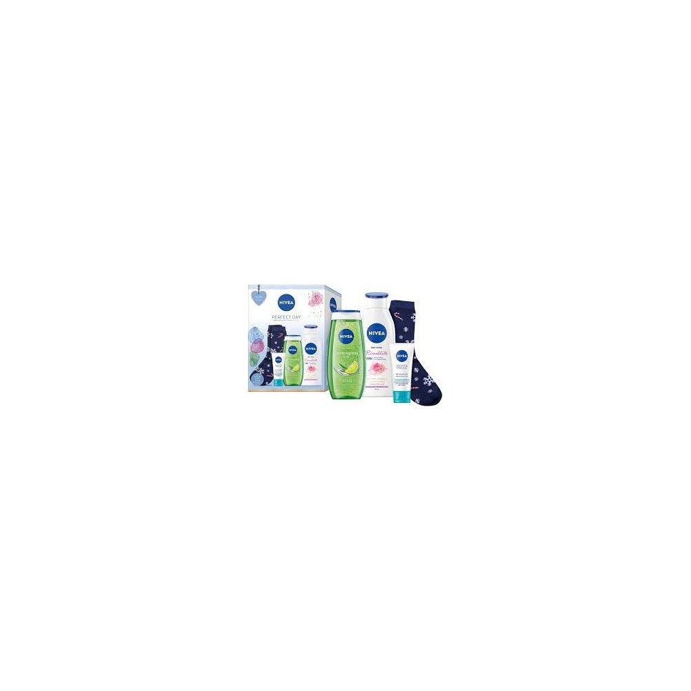 dovanų rinkinys Est Nivea Perfect Day M dušo gelis 250ml+kūno losjonas 400ml+kremas 50ml+ kojinės 1vnt